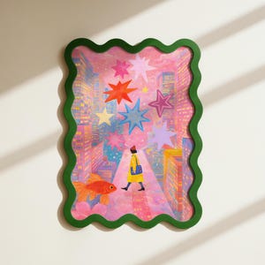 May include: A framed art print with a whimsical illustration. The artwork features a person walking through a city scene with colorful stars and a goldfish. The frame is green with a wavy edge, adding a playful touch to the piece.