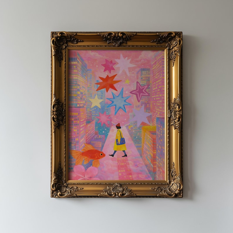 May include: A framed artwork depicts a whimsical cityscape with a person in a yellow coat walking down a street, accompanied by a goldfish. Colorful stars and buildings fill the background. The ornate gold frame adds a classic touch.