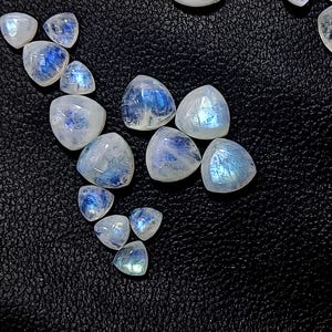 May include: A collection of polished moonstone gemstones. The stones are various shapes, including teardrop and triangular, with a translucent white base and blue iridescent flashes. They are arranged on a textured black surface.