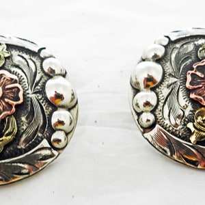New Pair California Antique Flower Bubble Silverplate Hansen Western Gear Bridle Loop Back Conchos Horse Tack Hardware