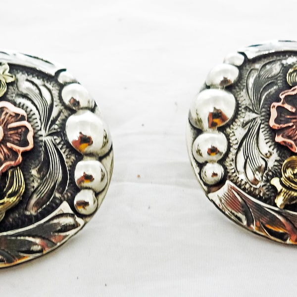 New Pair California Antique Flower Bubble Silverplate Hansen Western Gear Bridle Loop Back Conchos Horse Tack Hardware