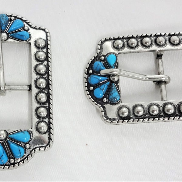 New Pair Turquoise Flower Southwest Buckles Antiqued Nickel Western Belt Horse Tack Headstall Purse Strap