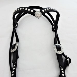 V Browband Hermann Oak Heavy Black Harness Leather Headstall Spotted Retro Jeremiah Watt Buckles Conchos Horse West Coast Tack