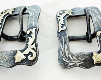 New Pair Black Steel Square C Center Bar Buckles 3/4" Engraved German Silver Overlay Western Horse Tack Hardware Headstall