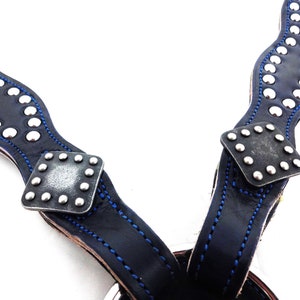 Scalloped Breast Collar Navy Blue Harness Leather Spotted Square Dot Conchos Buckles Hardware Western Horse Tack