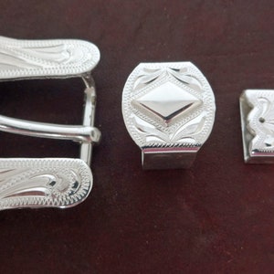 New Hansen 3 Piece Set Buckle Keeper Loop & Tip Polished Diamond Silver Plate Western Horse Tack Hardware Belt