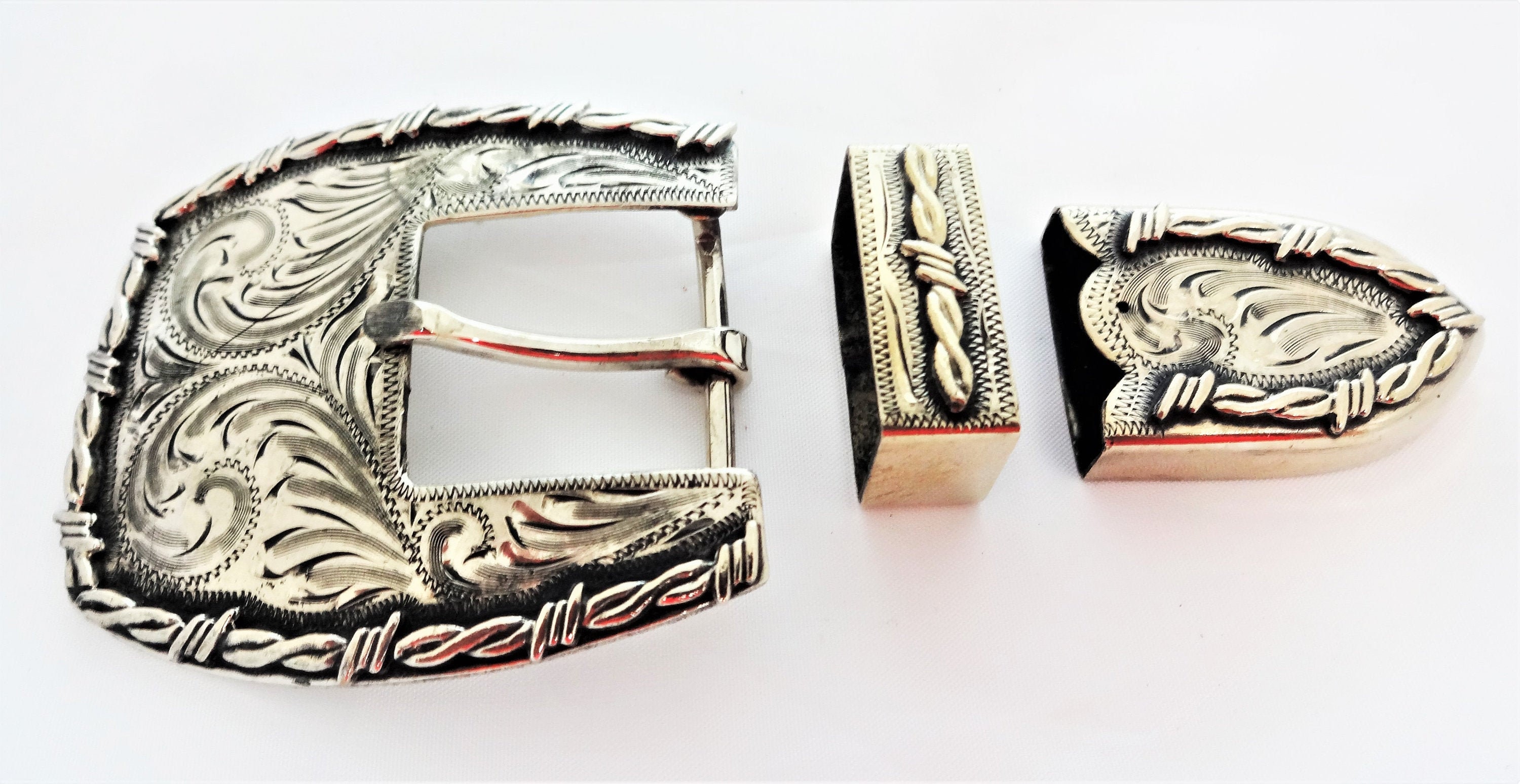 Barbed Wire 3 Piece Belt Buckle Set Keeper Loop & Tip  display picture 3