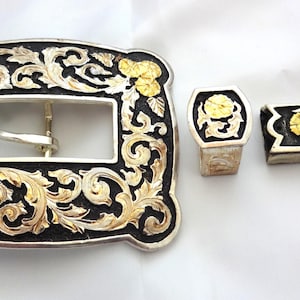 3-teiliges Schnallen-Set mit Gravur, Sterlingsilber-Overlay, Pferdekopf, Hardware-Gürtel und Zubehör