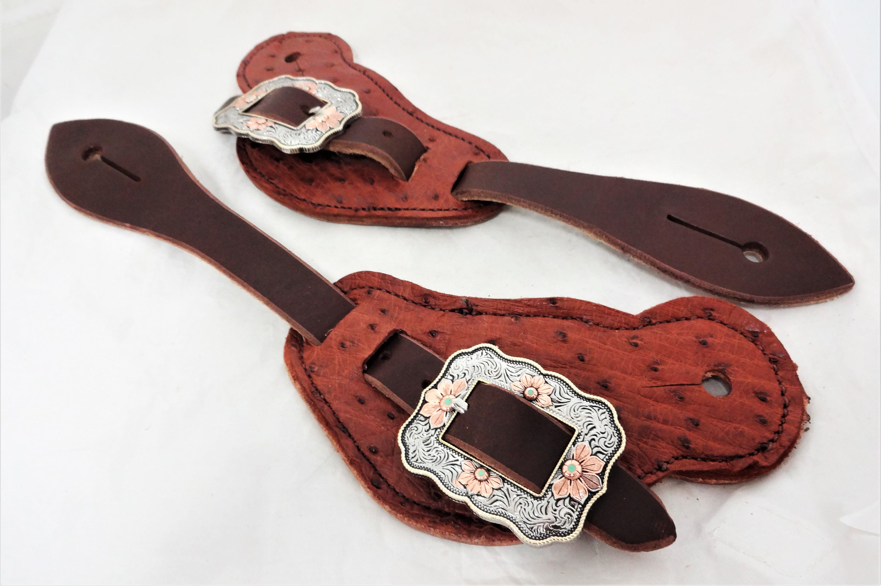 Rust Ostrich Full Quill Brown Western Spur Straps Pair Harness Leather Buckaroo Cowboy West Coast Tack Horse Fngraved Floral Buckles Adult
