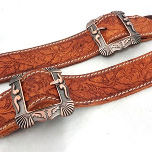 Belt Style Spur Straps Vintage Oak Leaf Embossed Repurposed Leather OOAK Western Boot Horse Tack Adult Jeremiah Watt Copper Santa Fe Buckles
