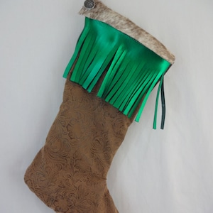 Western Christmas Stocking Cowhide Leather Metallic Fringe Concho Holiday Sock Gift Bag Brown Green