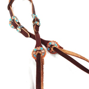 One Ear Headstall Rich Brown Harness Leather Brown Copper Arrow Turquoise Dot Buckles Horse Slotted Conchos Water Ties West Coast Tack
