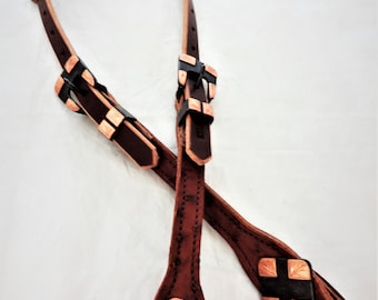 Touch of Ostrich Harness Leather Slip One Ear Headstall Brown Iron Copper Buckles Conchos Horse West Coast Tack