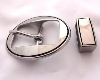 New Jeremiah Watt Oval Belt Buckle and Loop Keeper Smooth Grooved Stainless Steel Western Horse Tack Hardware 1 1/4 Inch