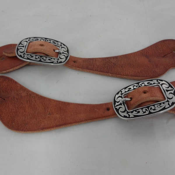 West Coast Tack Hermann Oak Harness Leather Western Spur Straps Jeremiah Watt Oval Floral Buckles Pair New