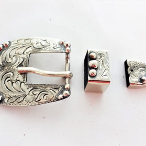 New Hansen 3 Piece Set Buckle Keeper Loop & Tip Antiqued Manzanillo Alamo Silver Plate Western Horse Tack Hardware Belt