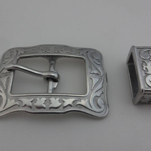 Jeremiah Watt Square Belt Buckle Loop Set Floral Stainless Steel Hardware Horse Tack Dog Collar Headstall