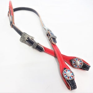 Red , White and Blue Harness Leather Slip One Ear Headstall Antiqued NIckel Buckles Bling Rhinestone Conchos Western Horse Tack