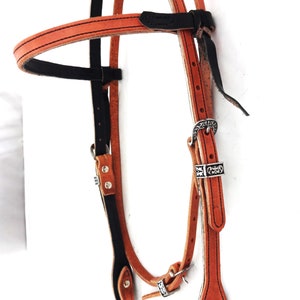 Two Tone Harness Tan Black Leather Browband Headstall Jeremiah Watt Buckles Conchos Western Horse West Coast Tack