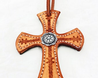 Saddle Cross Leather Barbed Wire Stamped Concho West Coast Tack Western Accent Trim Tie Crucifix