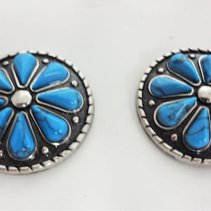 Pair Turquoise Flower Conchos Antiqued Nickel Horse Tack Screw Backs Headstall Spur Straps Belts