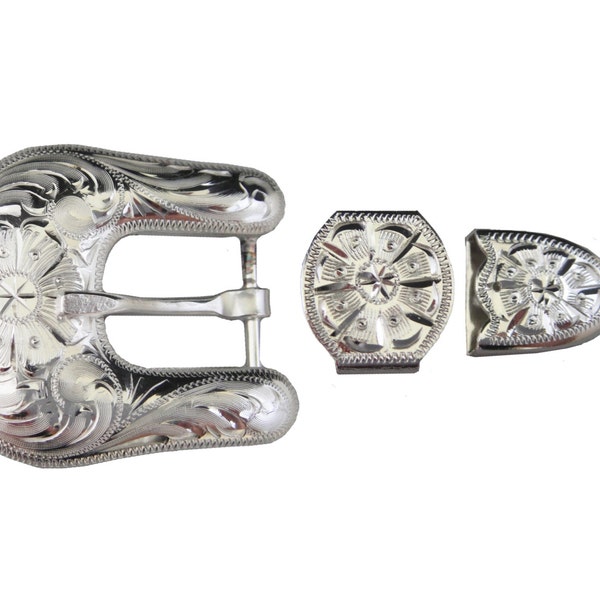 New Hansen 3 Piece Set Buckle Keeper Loop & Tip Kansas Silver Plate Western Horse Tack Hardware Belt