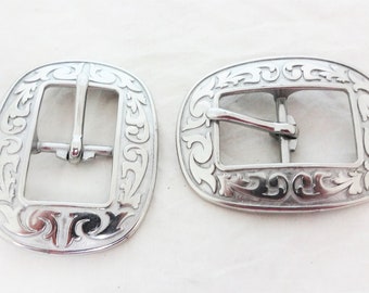 New Pair Jeremiah Watt Oval Buckles Floral Stainless Steel Western Horse Tack Hardware