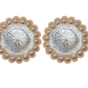 New Pair Jeremiah Watt 1 1/2&quot; Floral Concho & 2&quot; Spotted Leather Rosette Set Stainless Steel Western Horse Tack Hardware