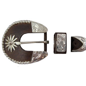 New Hansen 3 Piece Buckle Set Keeper Loop & Tip Sierra Flower Brown Rust Iron Sterling Silver Overlay Western Horse Tack Hardware Belt