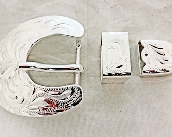 Oklahoma San Diego Hansen Western Gear Engraved Silver Plate Buckle 3 Piece Set Horse Tack Headstall Belt Hardware