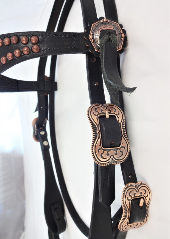 Black Harness Leather Headstall Flaired Spotted Browband