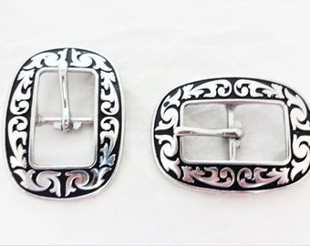 New Pair Jeremiah Watt Oval Buckles Black Floral Stainless Steel Western Horse Tack Hardware