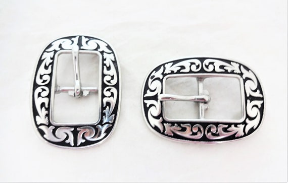 Pair Jeremiah Watt Oval Floral Buckles 3//4/" Black Headstall Horse Tack Stainless
