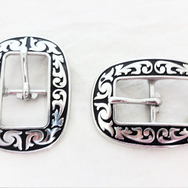 New Pair Jeremiah Watt Oval Buckles Black Floral Stainless Steel Western Horse Tack Hardware