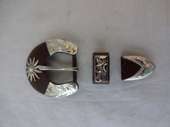 3 Piece Belt Buckle Set California Antiqued Hansen Western 5//8/" Silver Plate New