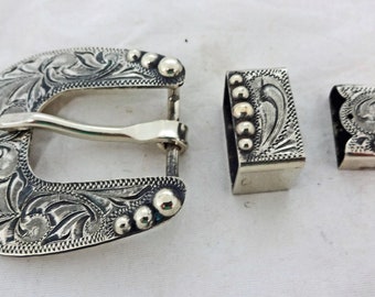 New Hansen 3 Piece Set Buckle Keeper Loop & Tip Antiqued Manzanillo Silver Plate Western Horse Tack Hardware Belt