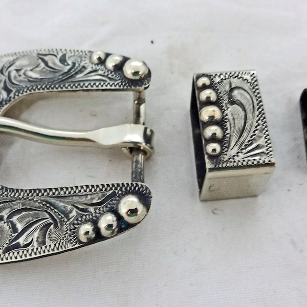 New Hansen 3 Piece Set Buckle Keeper Loop & Tip Antiqued Manzanillo Silver Plate Western Horse Tack Hardware Belt