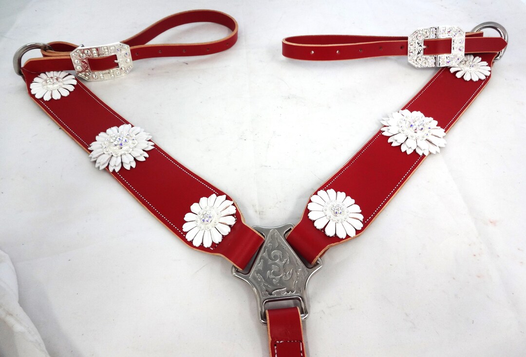 Breast Collar Red Leather Swarovski Crystal AB Conchos Buckles White