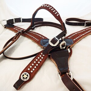 Chocolate Roughout Leather Breast Collar & Headstall Spotted Texas Star Conchos Horse  West Coast Tack Stainless Steel Hardware   Western