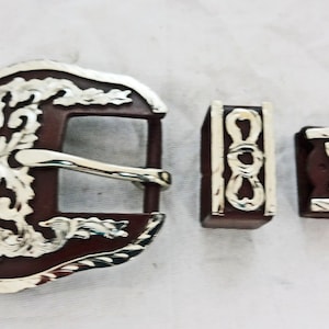Clovis Hansen Western Gear 3 Piece Belt Buckle Brown Iron Sterling Overlay Horse Tack Headstall Tip Keeper Loop
