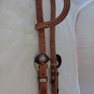 West Coast Tack Hermann Oak Harness Leather One Ear Headstall Brown Iron Sterling Silver Overlay Buckles Daisy Hansen Western Gear
