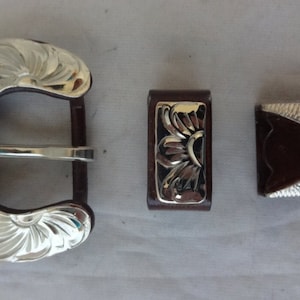 New Hansen 3 Piece Buckle Set Keeper Loop & Tip Daisy Floral Brown Rust Iron Sterling Silver Overlay Western Horse Tack Hardware Belt