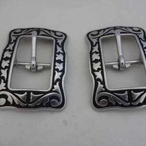 New Pair Jeremiah Watt Buckles Square Black Floral Stainless Steel Western Horse Tack Hardware