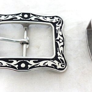 New Jeremiah Watt Square Floral Western Belt Buckle Loop Set Black Stainless Steel Hardware Horse Tack Keeper Sizes