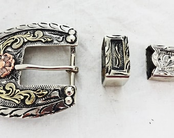 Texas Seal Silver Western Buckle Double Loop Tip Belt Set 4-piece with screw Texas Seal Silver Western Buckle Double Loop Tip Belt Set 4-piece with screw