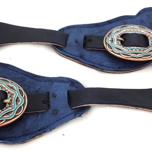 Ostrich Full Quill Navy Blue Western Spur Straps Pair Leather Buckaroo Cowboy Boot West Coast Tack Horse Copper Turquoise Buckles Adult