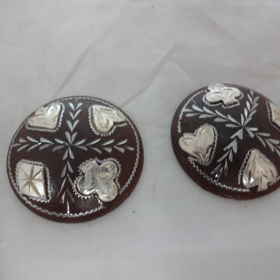 Card Suit Pair Conchos Screw Back Hansen Western Gear Brown Iron Sterling Overlay Horse Tack Hardware Hearts Spades Diamonds Clubs Deck