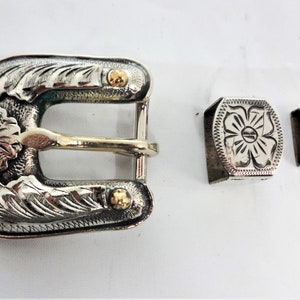 3 Piece Buckle Set Keeper Loop & Tip Antiqued Sunflower Hansen Western Gear Sun Flower Horse Tack Hardware Belt Silver Plate