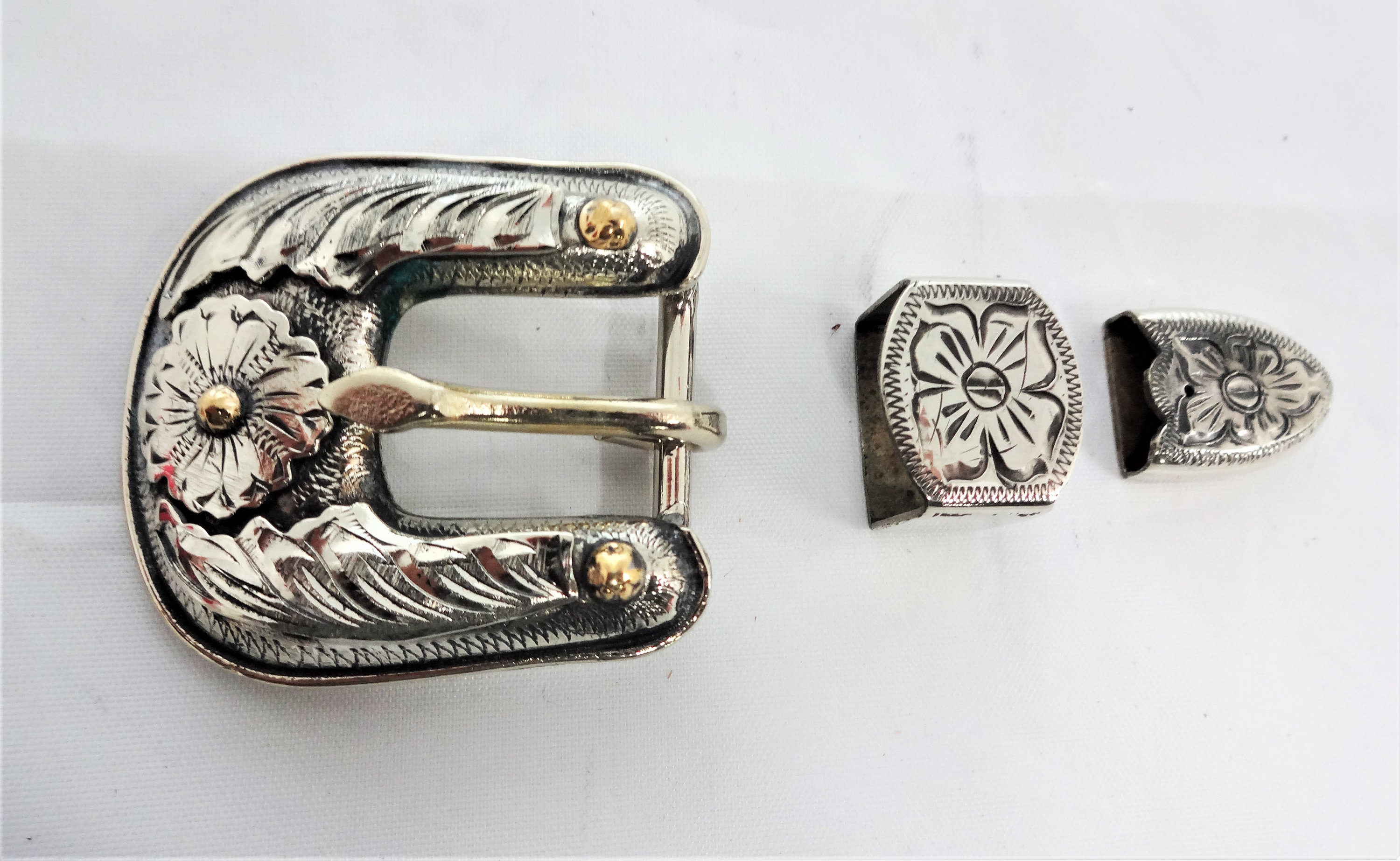 3 Piece Buckle Set Keeper Loop & Tip Antiqued Sunflower  display picture 1