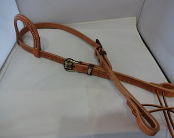Punchy West Coast Tack Hermann Oak Harness Leather One Ear Headstall Brown Iron German Silver Buckles Western Horse Tack Water Tie Ends